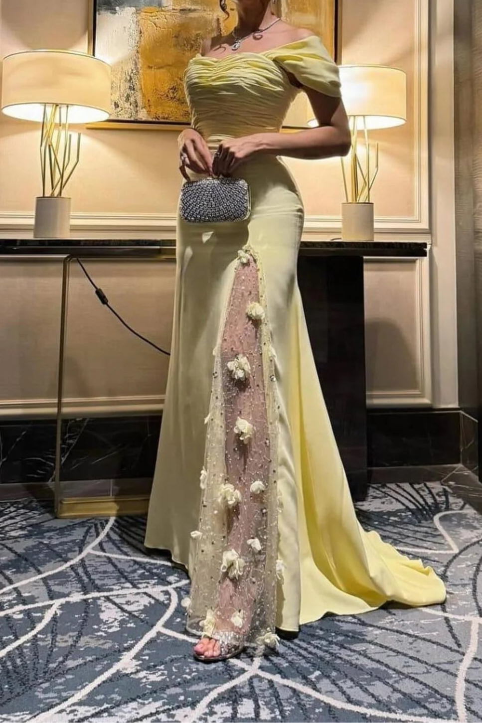 Weitese Dress Elegant Mermaid Off the Shoulder Yellow Party Dress with Split Front