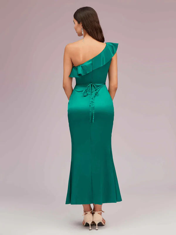 Robe Weitese élégante sirène asymétrique en satin doux, mi-longue, à volants et plis, robe de bal 