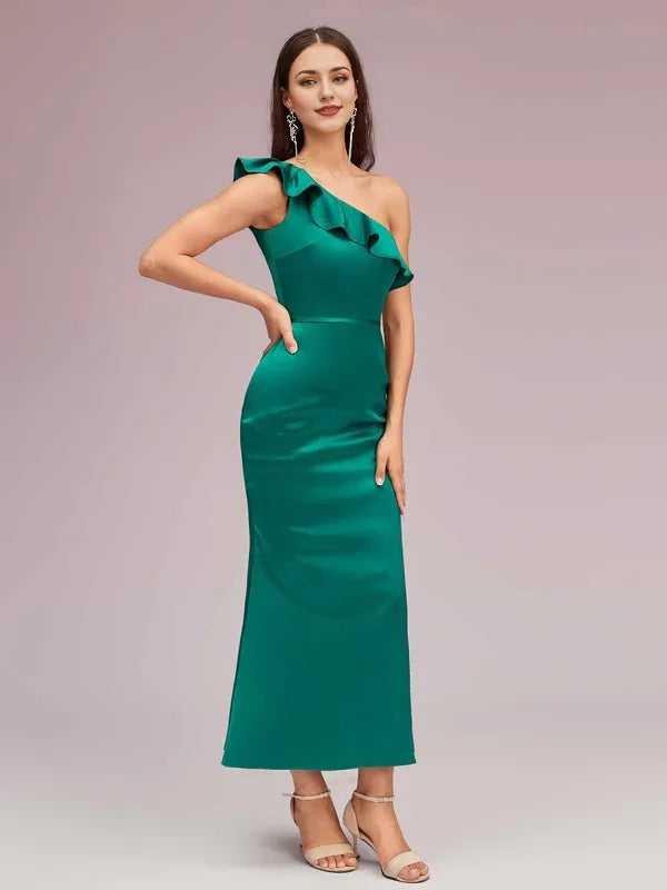 Robe Weitese élégante sirène asymétrique en satin doux, mi-longue, à volants et plis, robe de bal 