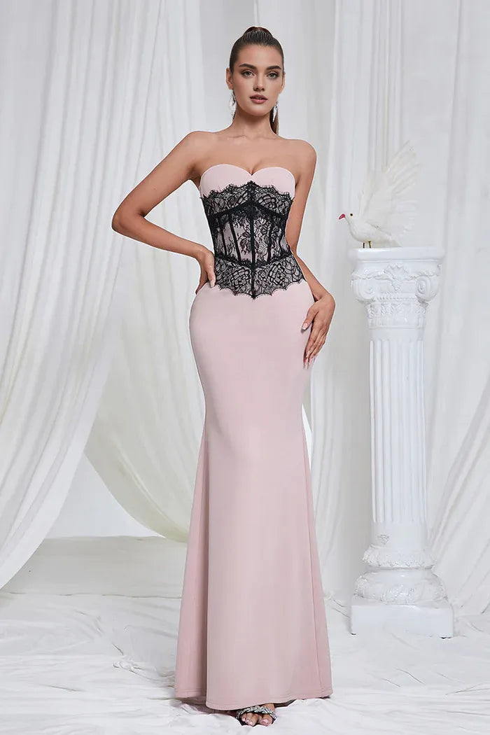 Weitese Dress Elegant Mermaid Pink Strapless Lace Prom Dress Maxi Dress Zipper Up Sleeveless Party Dress