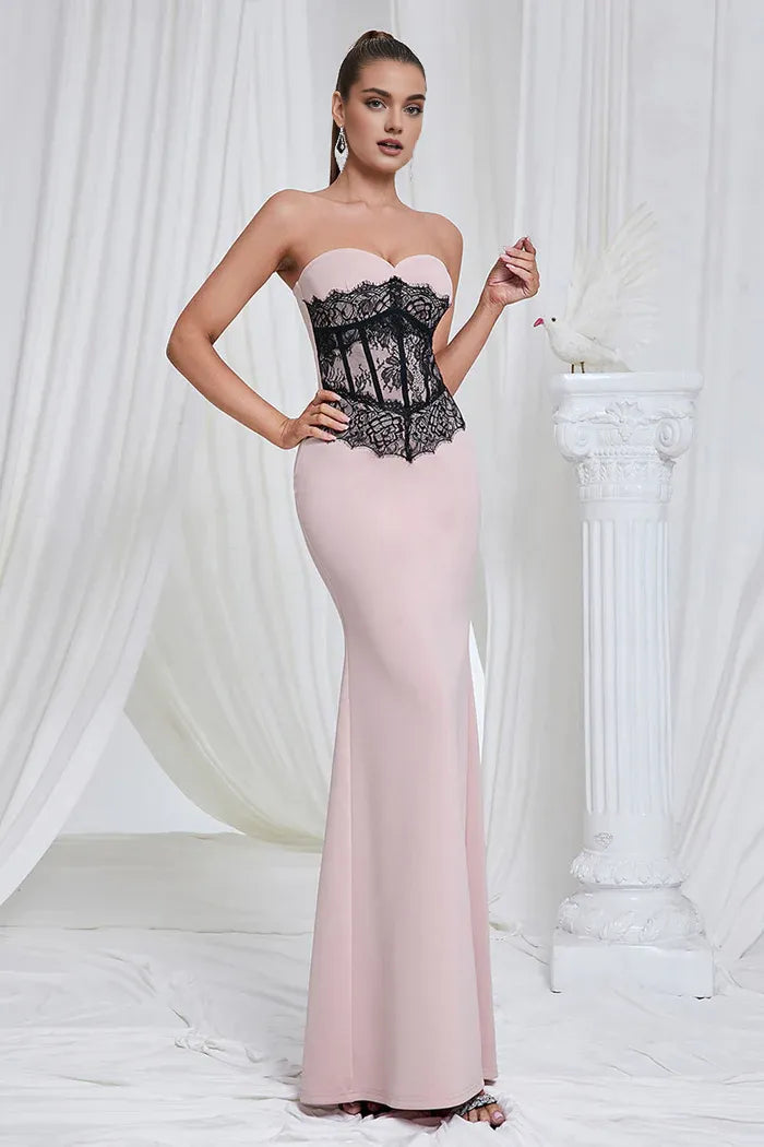 Weitese Dress Elegant Mermaid Pink Strapless Lace Prom Dress Maxi Dress Zipper Up Sleeveless Party Dress
