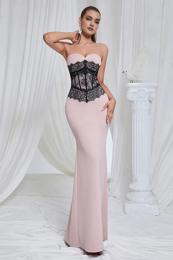 Weitese Dress Elegant Mermaid Pink Strapless Lace Prom Dress Maxi Dress Zipper Up Sleeveless Party Dress