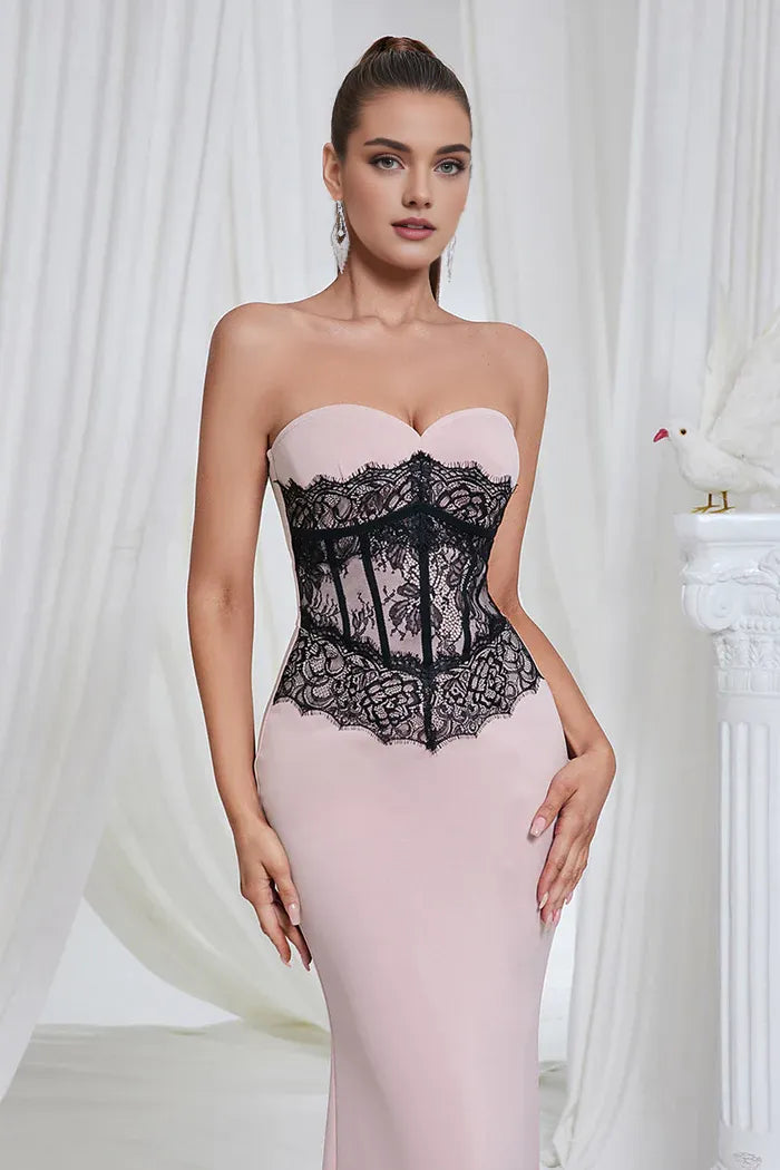 Weitese Dress Elegant Mermaid Pink Strapless Lace Prom Dress Maxi Dress Zipper Up Sleeveless Party Dress