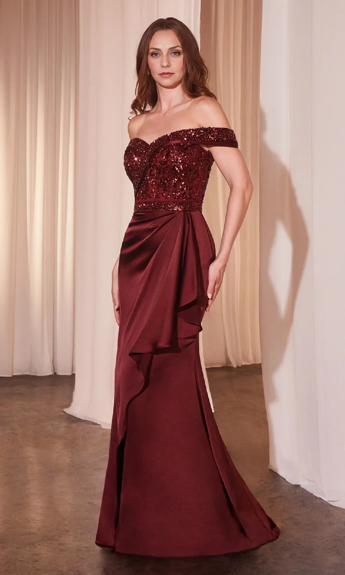 Weitese Dress Elegant Off-Shoulder Draped Long Prom Gown Beaded Bodice Mother of the Bride Dress