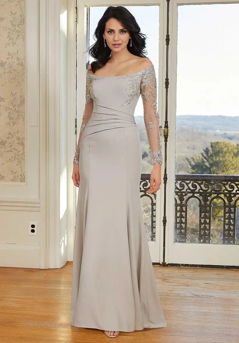 Weitese Dress Elegant Off-the-Shoulder Prom Dress Mermaid Long Sleeves Full Length Mother Of The Bride With Lace Applique