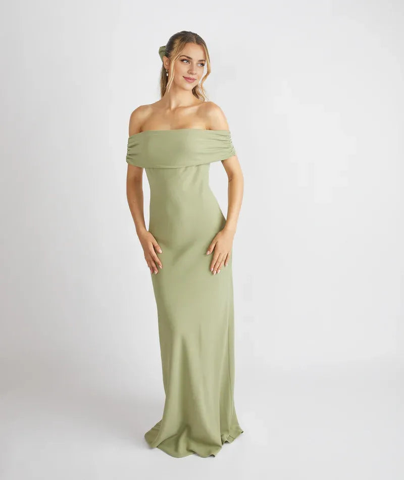 Weitese Dress Elegant Off the Shoulder Bridesmaid Dress Maxi Dress Solid Color Sage Sleeveless Column Prom Dress