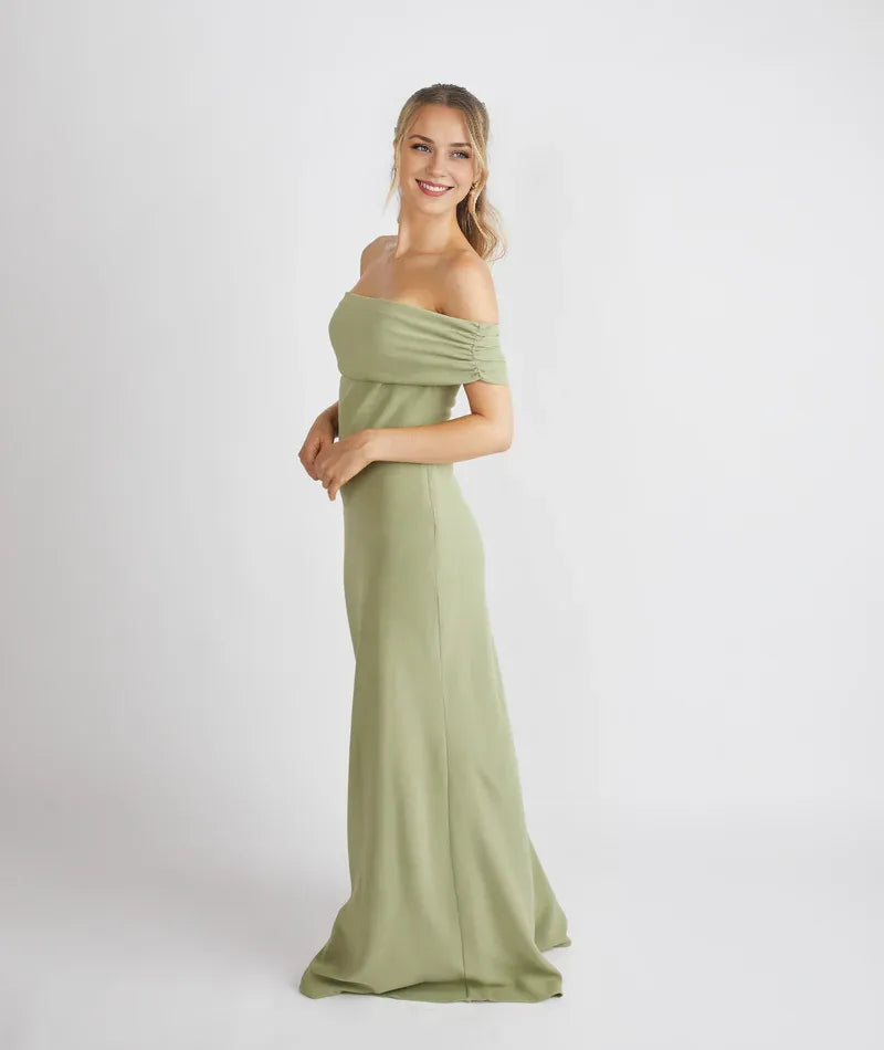Weitese Dress Elegant Off the Shoulder Bridesmaid Dress Maxi Dress Solid Color Sage Sleeveless Column Prom Dress