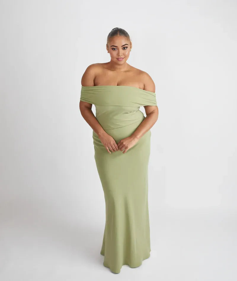 Weitese Dress Elegant Off the Shoulder Bridesmaid Dress Maxi Dress Solid Color Sage Sleeveless Column Prom Dress