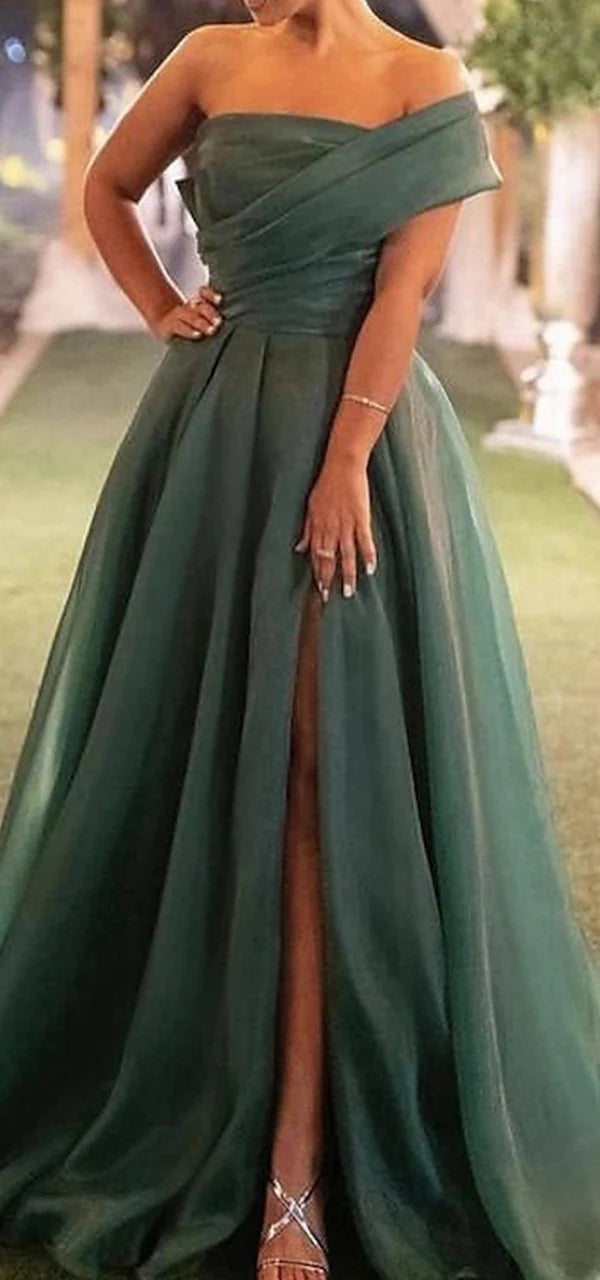 Weitese Dress Elegant One Shoulder A-line Side Slit Organize Long Prom Dress Party Dress