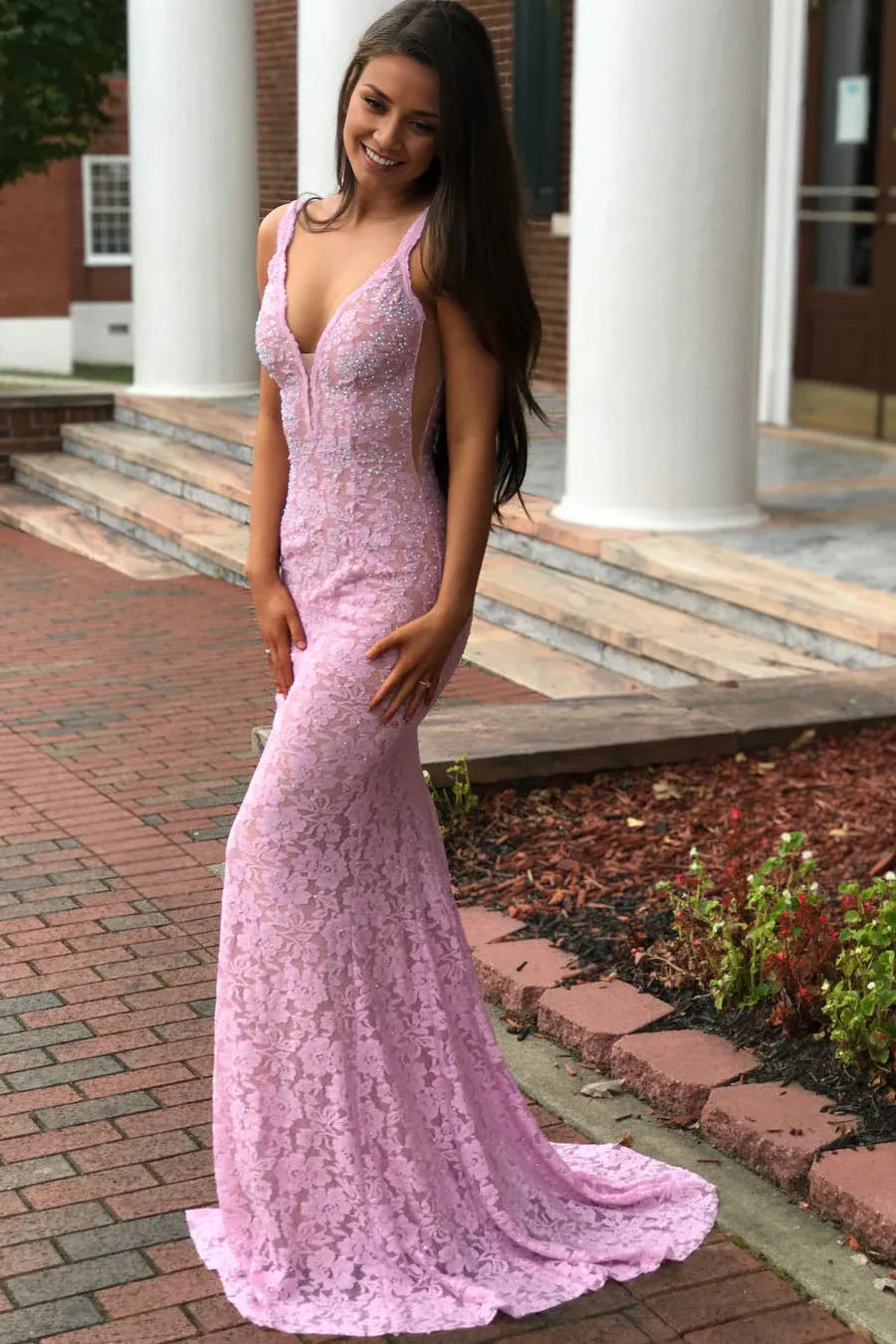 Weitese Dress Elegant Open Back Mermaid V-Neck Pink Lace Prom Dress