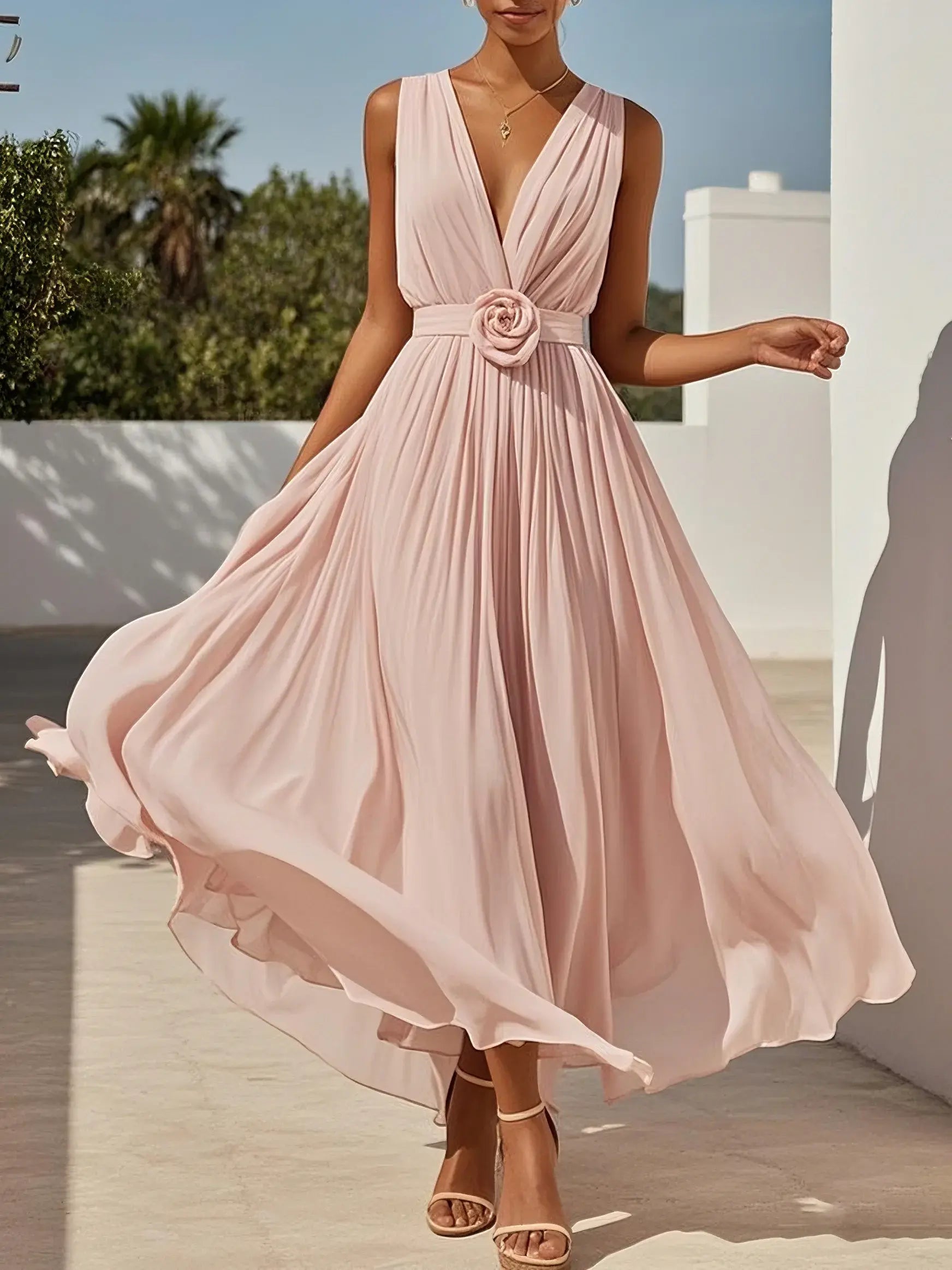 Weitese Dress Elegant Pink 3D Floral Ruched V Neck A-Line Maxi Chiffon Pleats Dress Prom Dress