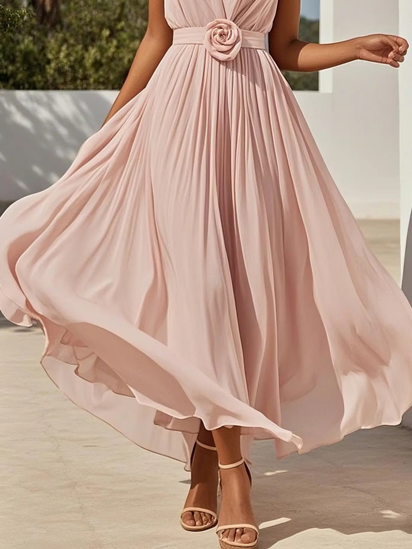 Weitese Dress Elegant Pink 3D Floral Ruched V Neck A-Line Maxi Chiffon Pleats Dress Prom Dress