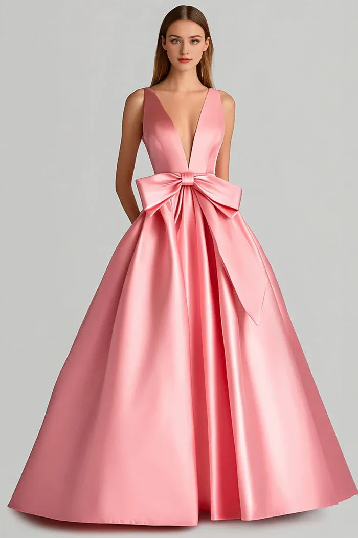 Robe Weitese élégante rose à col en V profond, robe de bal en satin à lacets et nœud 