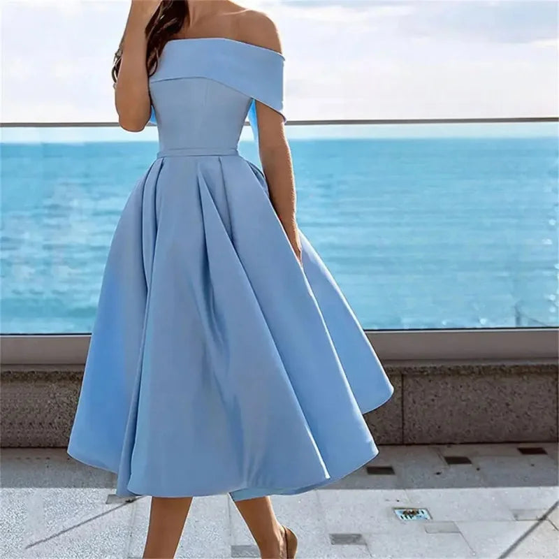 Weitese Dress Elegant Prom Evening Guest Midi Dresses For Women Summer Slash Neck Off Shoulder Long Party Bridesmaid Prom Dress