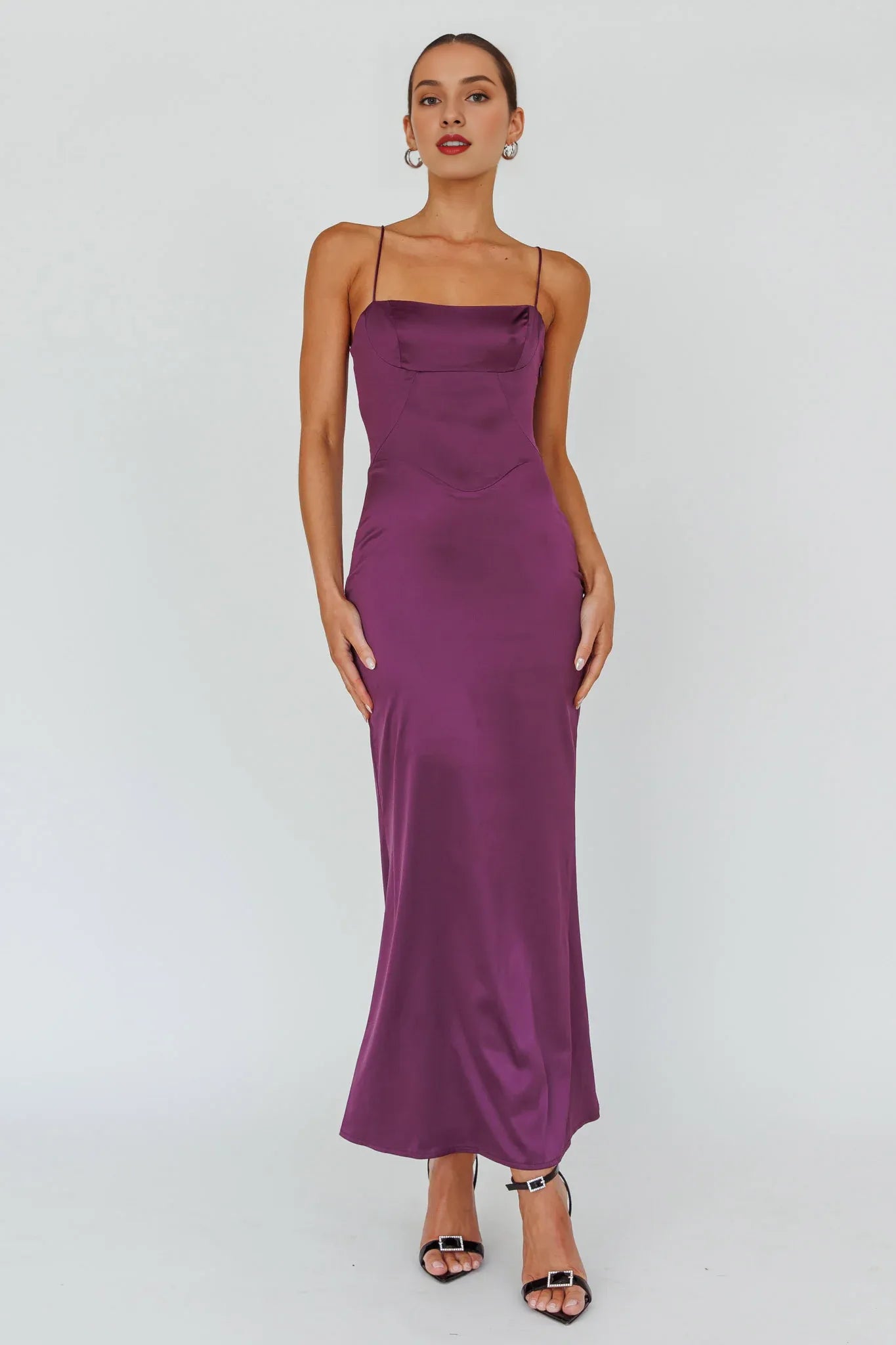 Weitese Dress Elegant Purple Satin Gown Spaghetti Straps Cowl Neckline And Floor Length Silhouette Prom Dress