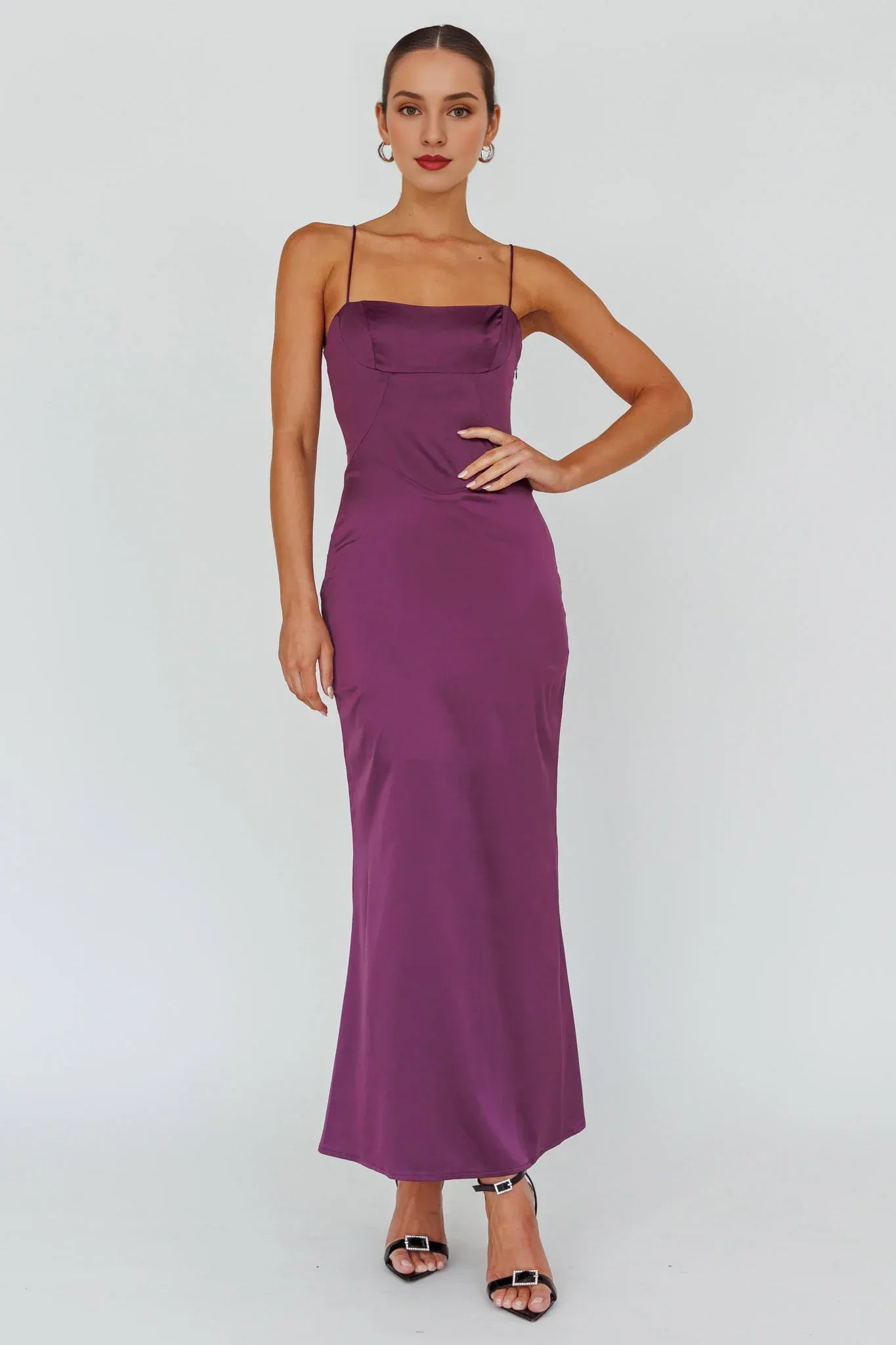 Weitese Dress Elegant Purple Satin Gown Spaghetti Straps Cowl Neckline And Floor Length Silhouette Prom Dress