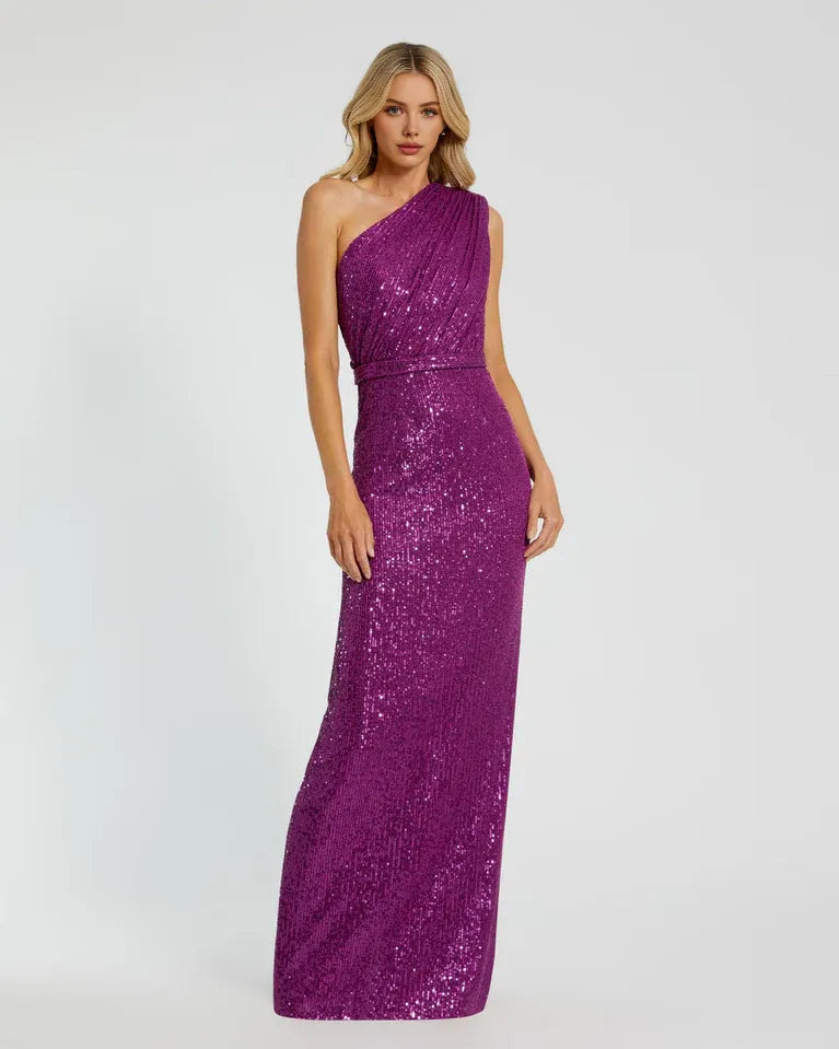 Vestido elegante de lentejuelas moradas de Weitese, vestido de un solo hombro con cintura acentuada que irradia glamour encantador, vestido de fiesta. 