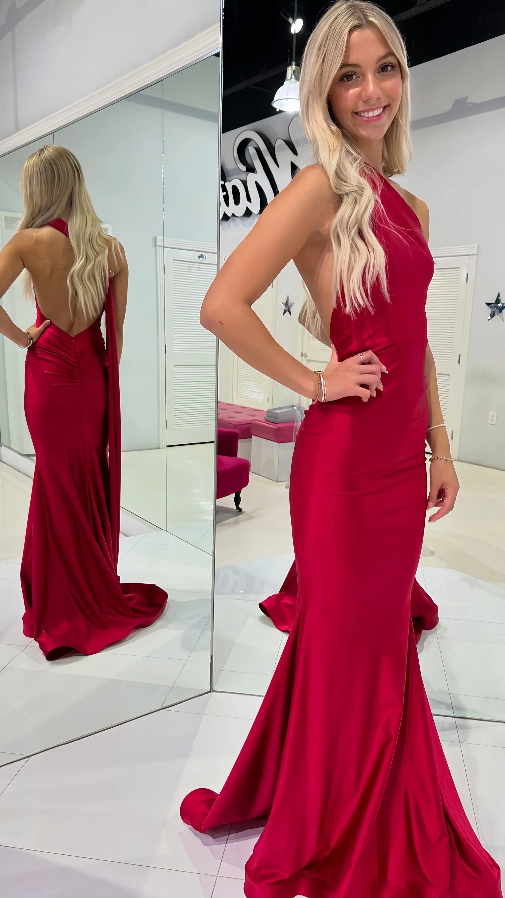 Weitese Dress Elegant Red Halter Mermaid Sleeveless Long Prom Dress Open Back Floor Length Party Gown