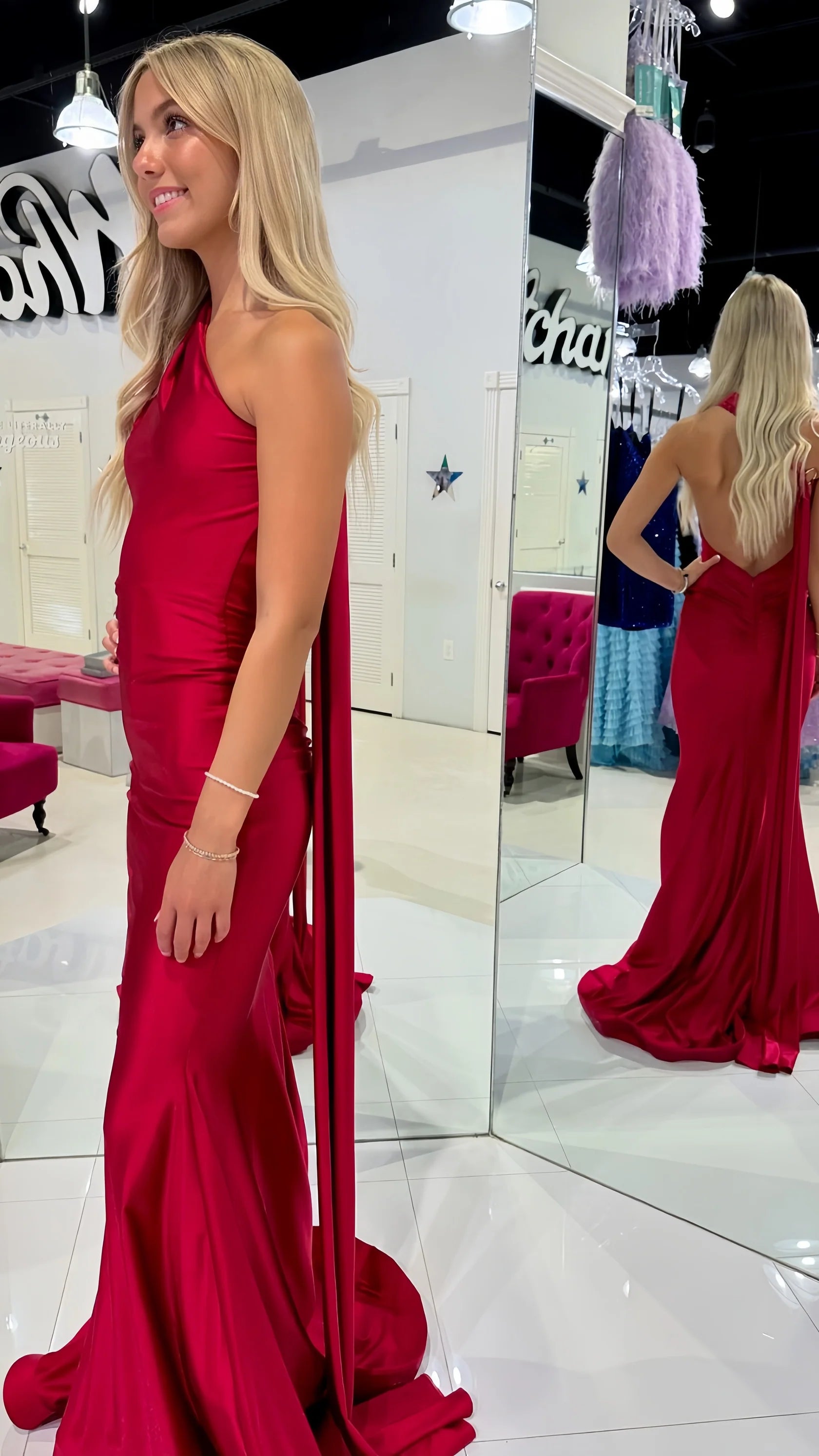Weitese Dress Elegant Red Halter Mermaid Sleeveless Long Prom Dress Open Back Floor Length Party Gown
