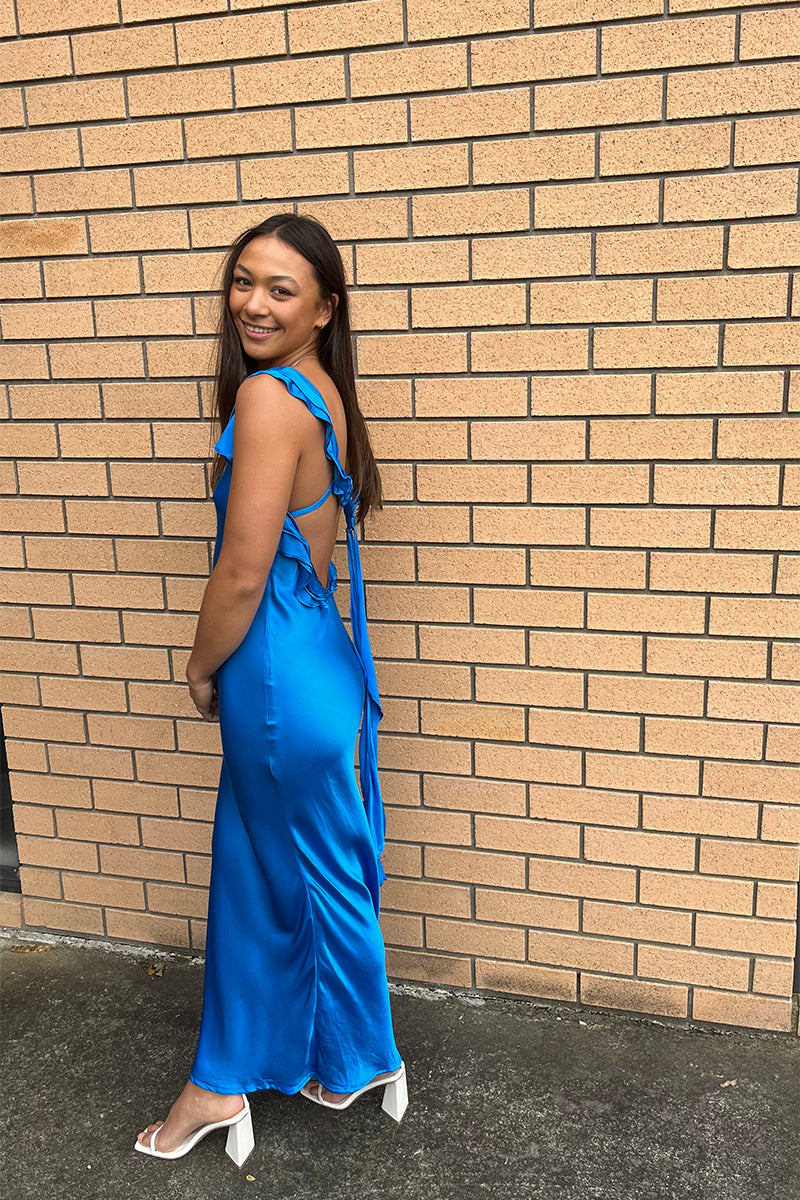 Weitese Dress Elegant Royal Blue Wide Straps Open Back Sleeveless Maxi Dress Ruched Ruffle Ankle Length Prom Dress