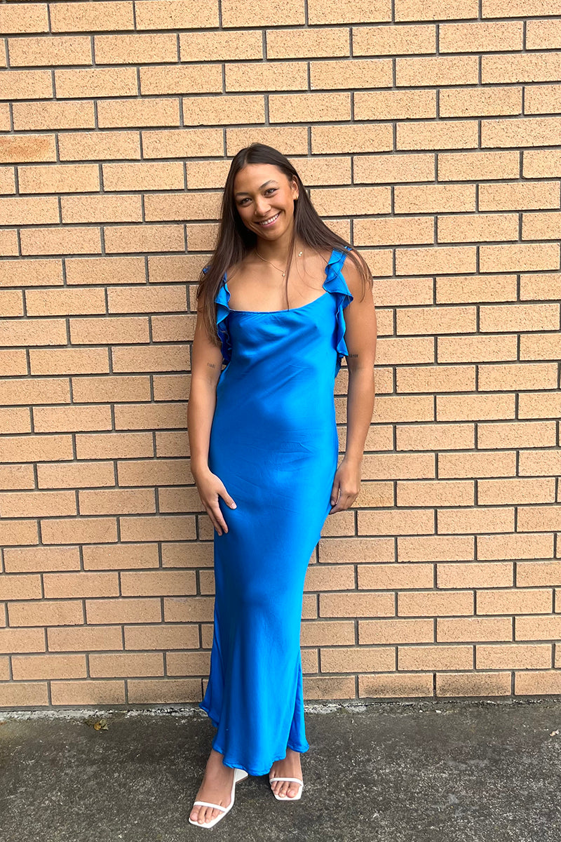 Weitese Dress Elegant Royal Blue Wide Straps Open Back Sleeveless Maxi Dress Ruched Ruffle Ankle Length Prom Dress