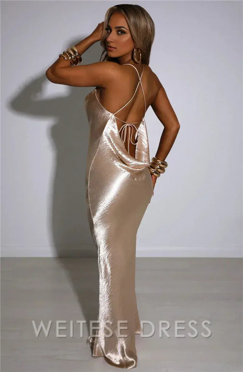 Robe Weitese élégante en satin dos nu, robe longue pour femme, robe d'été à bretelles spaghetti, sans manches, robe de soirée longue de bal