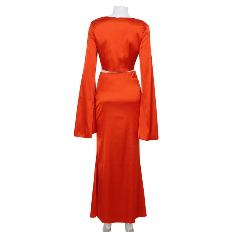 Weitese Dress Elegant Satin Long Sleeves Long Dress Women Set Lace Up Sexy V-Neck Low Waist Solid Color Party Club Set Prom Dress