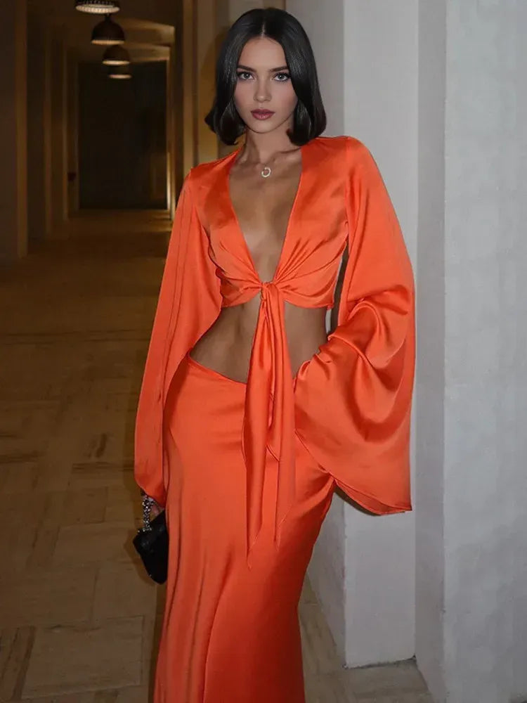 Weitese Dress Elegant Satin Long Sleeves Long Dress Women Set Lace Up Sexy V-Neck Low Waist Solid Color Party Club Set Prom Dress