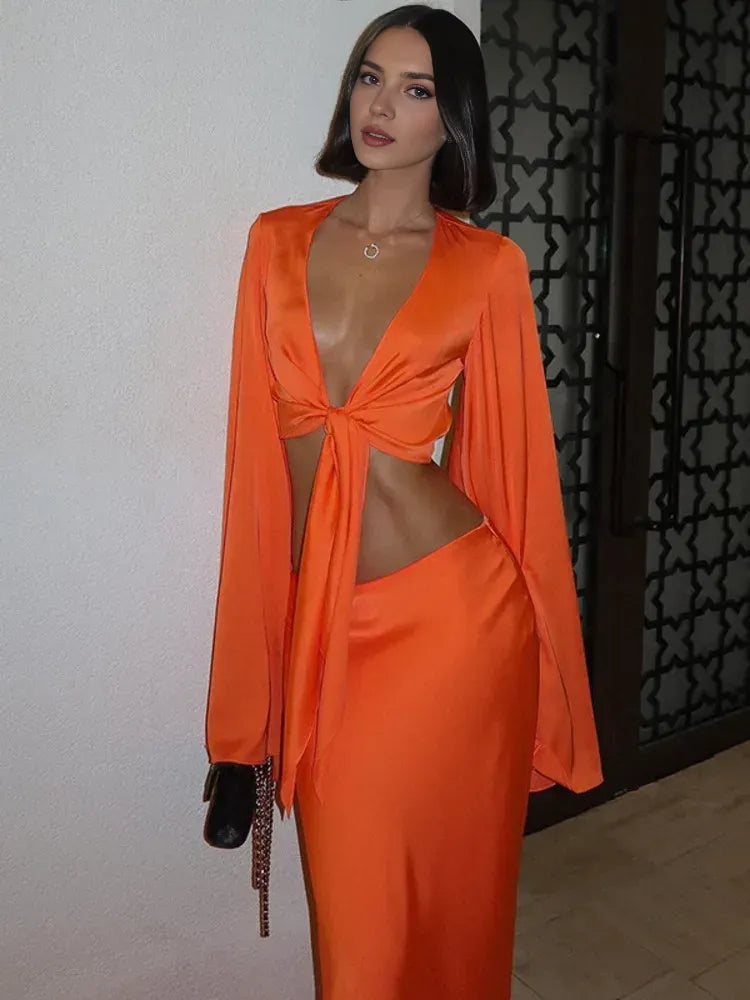 Weitese Dress Elegant Satin Long Sleeves Long Dress Women Set Lace Up Sexy V-Neck Low Waist Solid Color Party Club Set Prom Dress