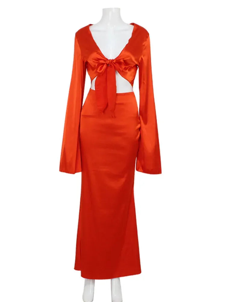 Weitese Dress Elegant Satin Long Sleeves Long Dress Women Set Lace Up Sexy V-Neck Low Waist Solid Color Party Club Set Prom Dress