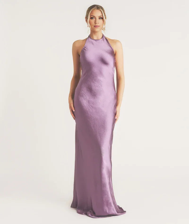 Weitese Dress Elegant Scoop Neck Satin Bridesmaid Dress Maxi Dress Backless Solid Color Sleeveless Prom Dress