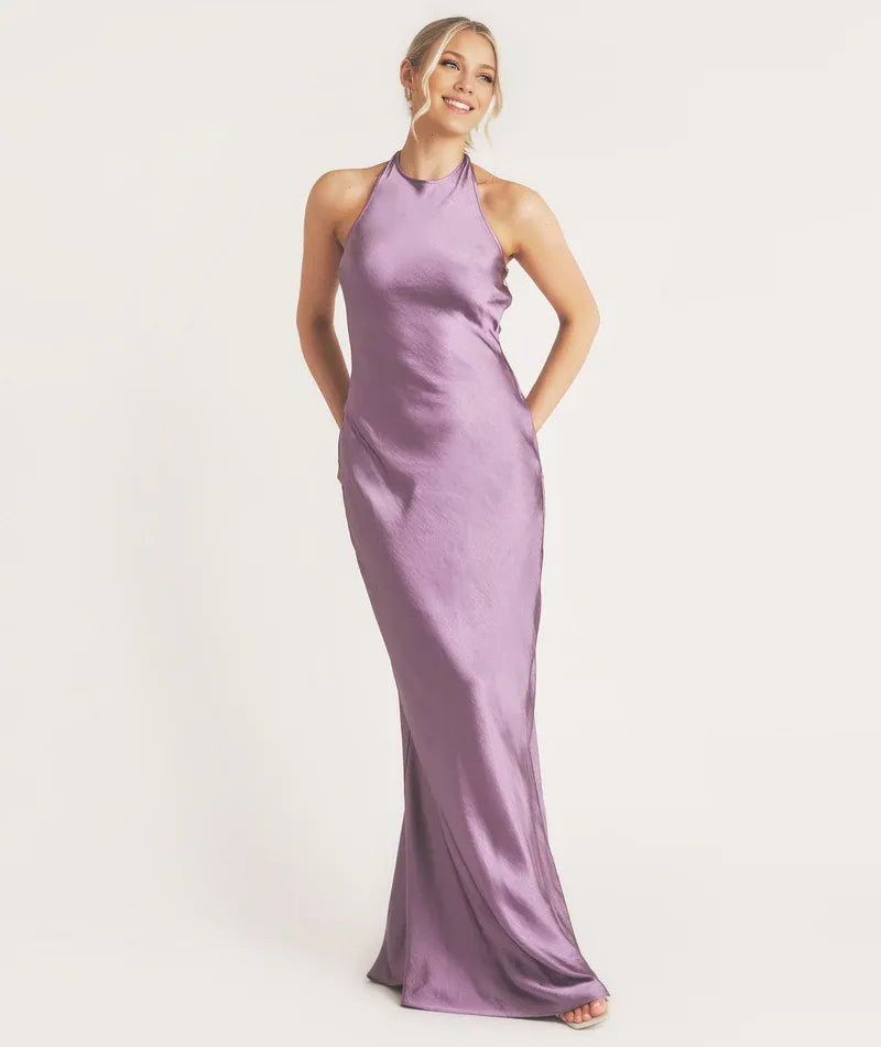 Weitese Dress Elegant Scoop Neck Satin Bridesmaid Dress Maxi Dress Backless Solid Color Sleeveless Prom Dress