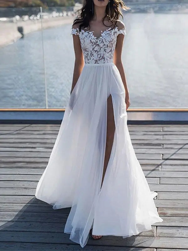 Weitese Dress Elegant Short Sleeves Appliques Wedding Dress A-line With Hight Slit Floor Length Bride Dress