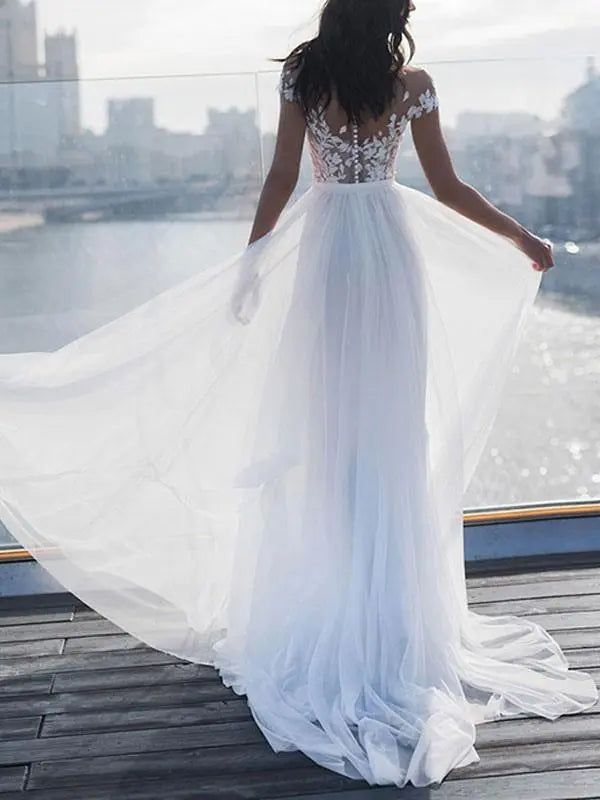 Weitese Dress Elegant Short Sleeves Appliques Wedding Dress A-line With Hight Slit Floor Length Bride Dress