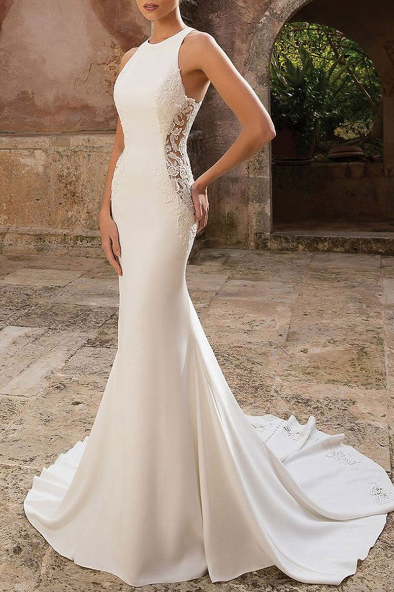 Weitese Dress Elegant Sleeveless Mermaid Sweep/Brush Train Appliques Wedding Dress