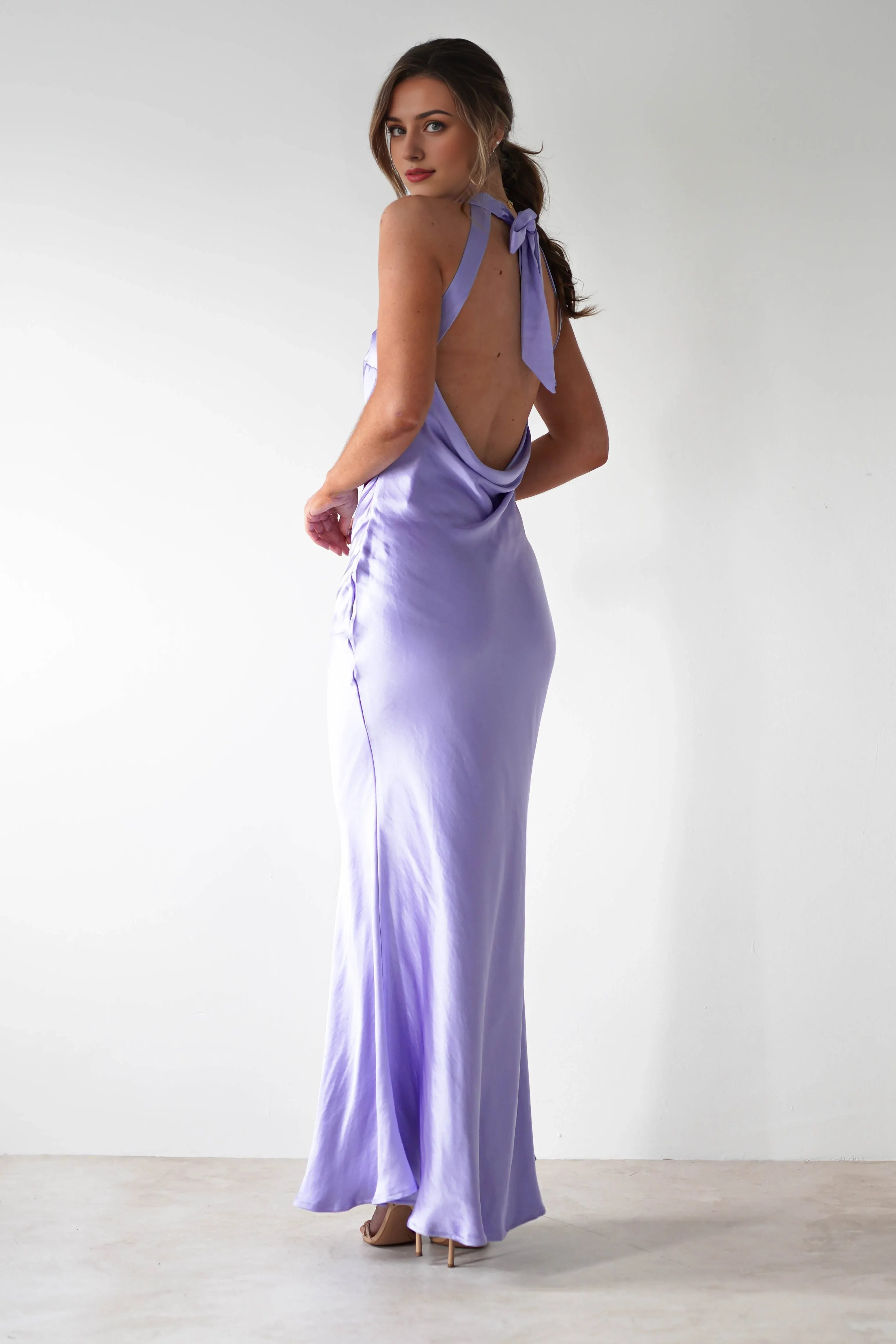 Robe Weitese élégante en satin doux lavande sans manches dos nu robe longue robe de bal sirène 