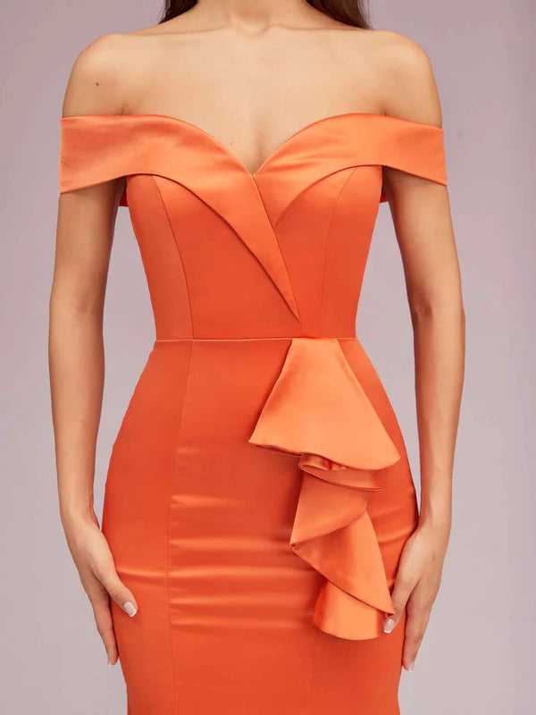 Robe Weitese élégante en satin doux, style sirène, épaules dénudées, longue, unique, couleur unie, à volants, robe de bal 