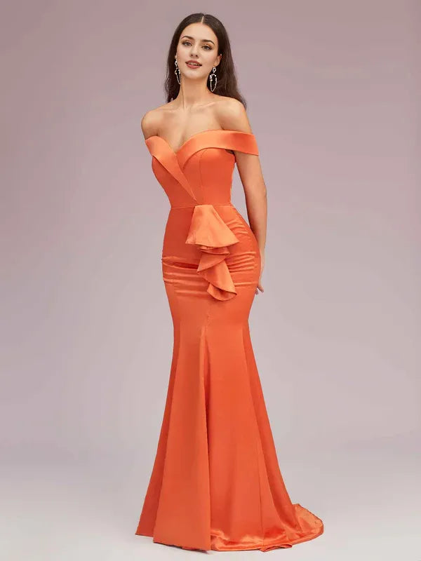 Robe Weitese élégante en satin doux, style sirène, épaules dénudées, longue, unique, couleur unie, à volants, robe de bal 