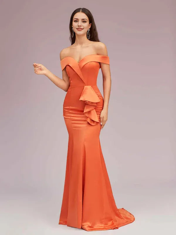 Robe Weitese élégante en satin doux, style sirène, épaules dénudées, longue, unique, couleur unie, à volants, robe de bal 