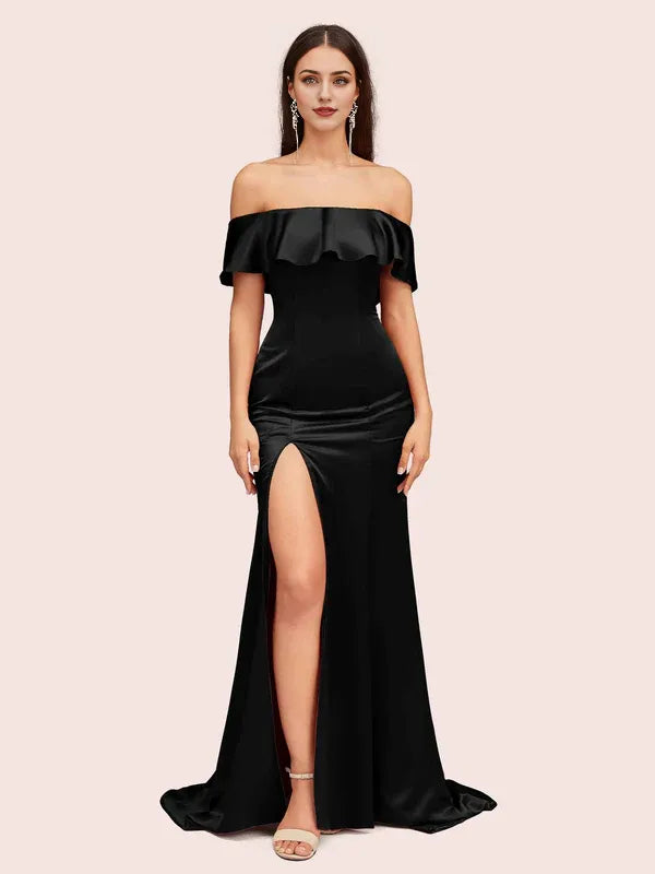 Robe de bal élégante en satin doux, épaules dénudées, style sirène, longue, style trompette, avec traîne et fente 