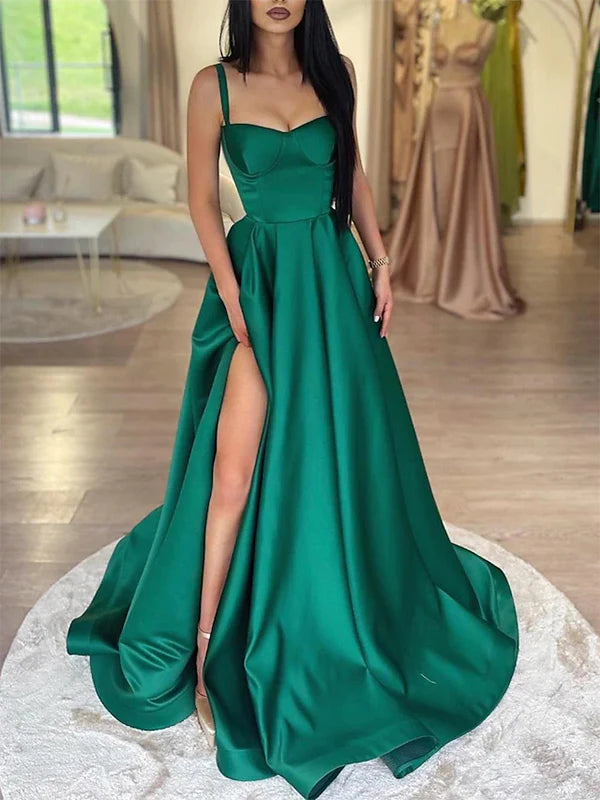 Weitese Dress Elegant Spaghetti Straps A-line Satin Side Slit Emerald Long Prom Dress Party Dress