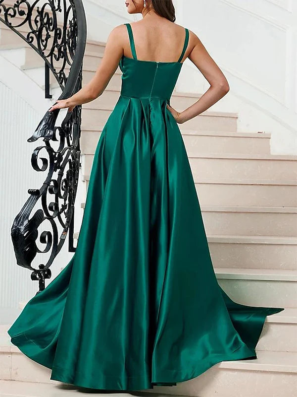 Weitese Dress Elegant Spaghetti Straps A-line Satin Side Slit Emerald Long Prom Dress Party Dress
