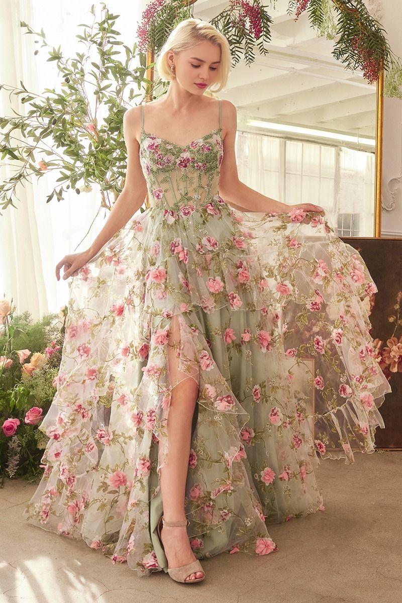 Vestido elegante Weitese con tirantes finos, largo, estampado floral, corte A, formal, con cola larga y corte acampanado. 