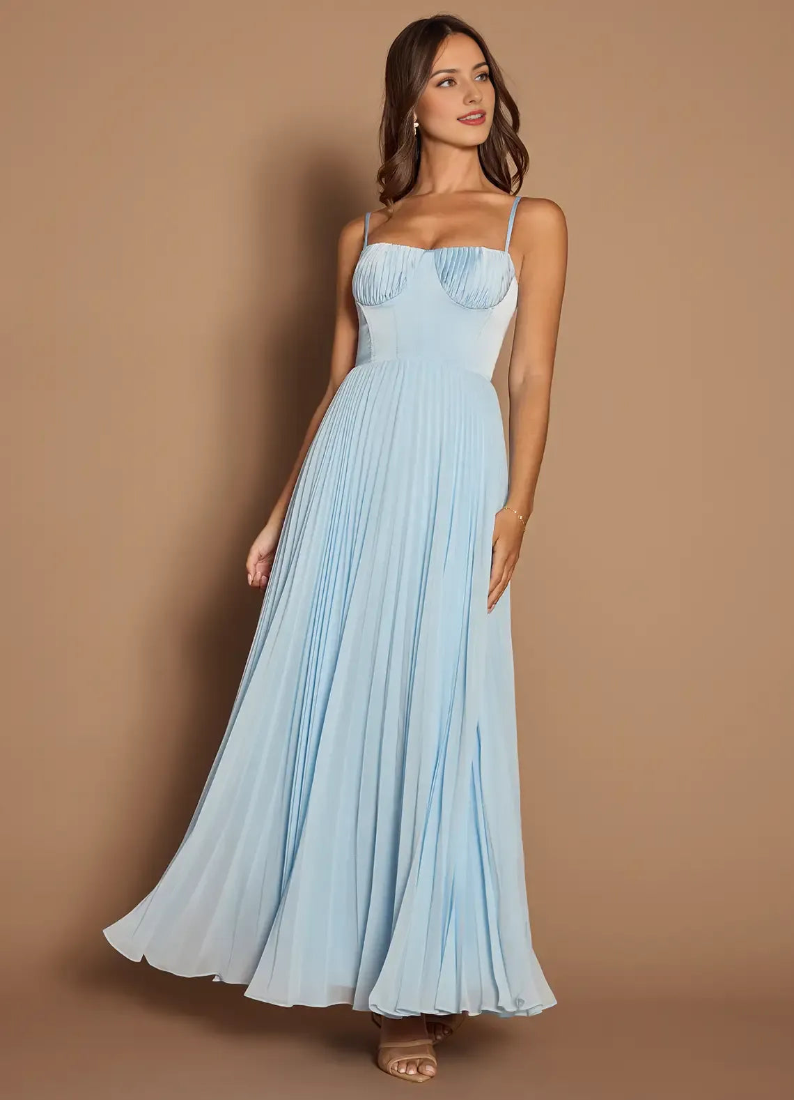 Robe Weitese élégante à bretelles spaghetti, sans manches, dos nu, plissée, bleu ciel, robe de soirée, robe de bal 