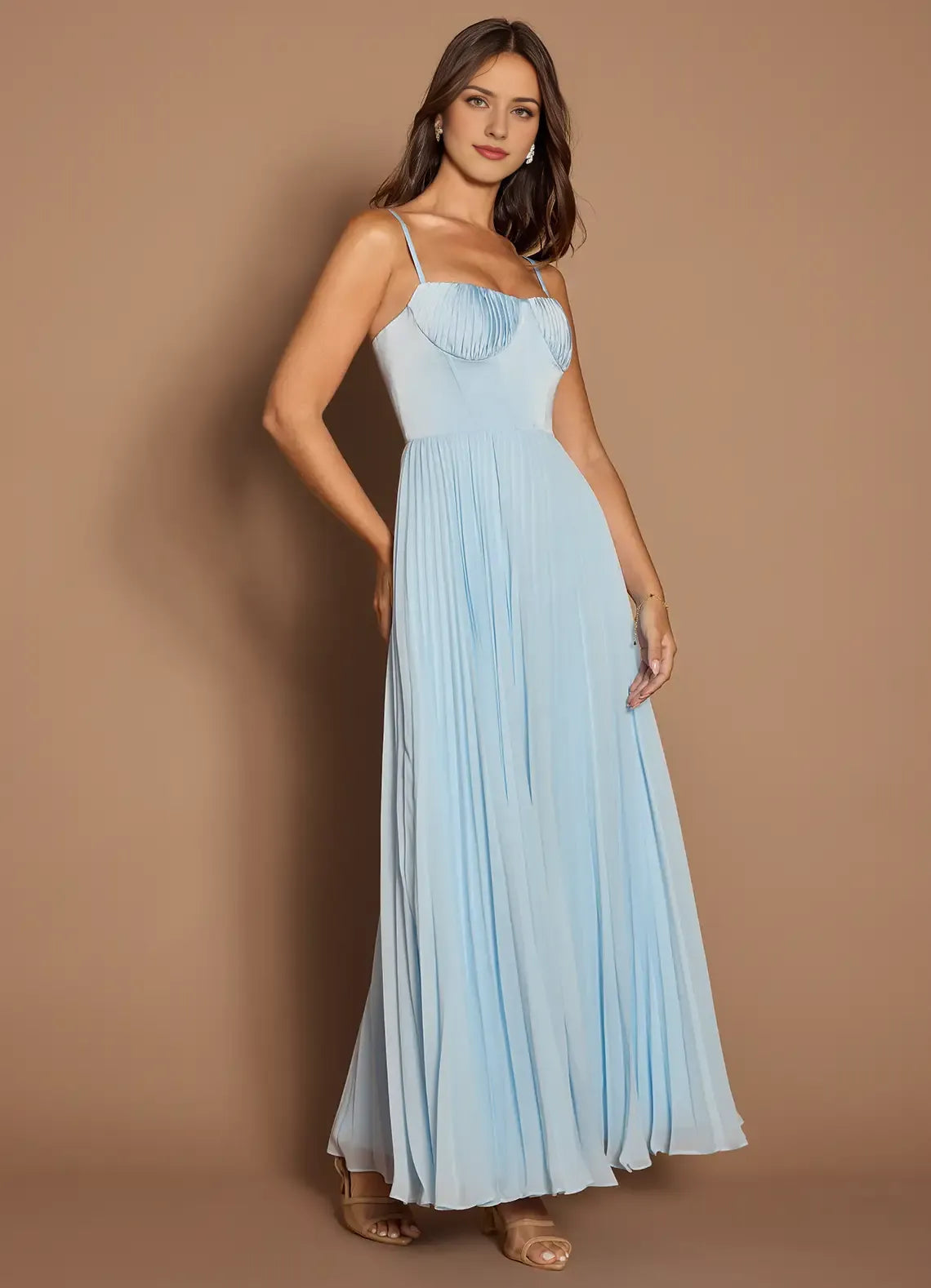 Vestido elegante Weitese con tirantes finos, sin mangas, espalda descubierta, plisado, azul cielo, para noche y fiesta. 