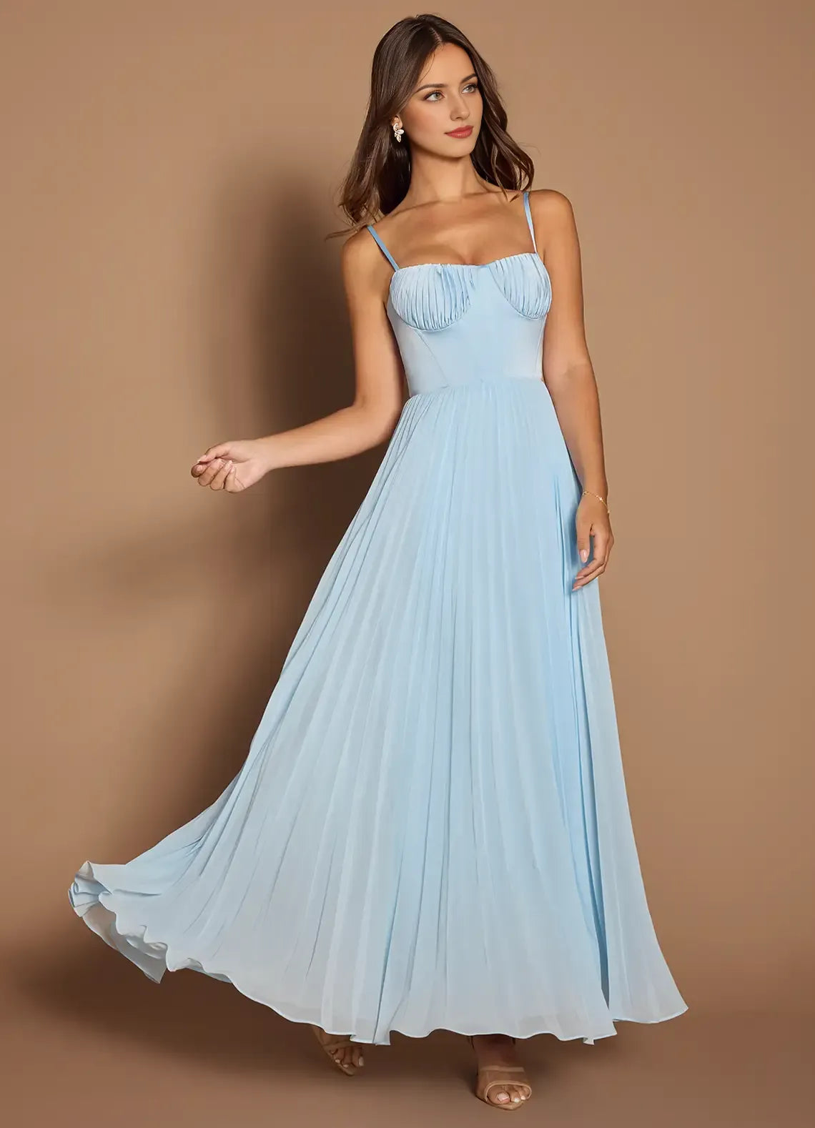 Vestido elegante Weitese con tirantes finos, sin mangas, espalda descubierta, plisado, azul cielo, para noche y fiesta. 