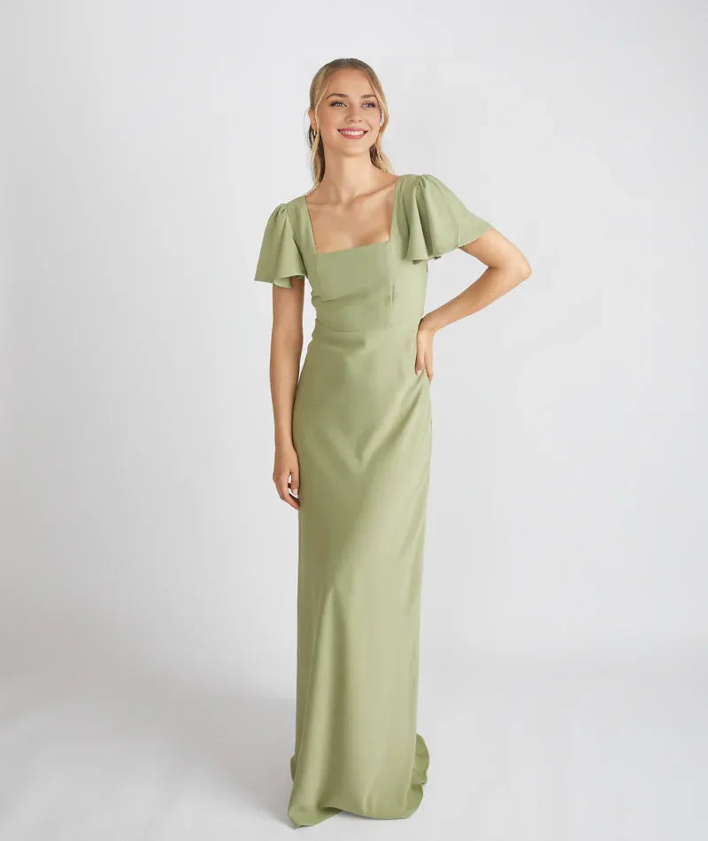Weitese Dress Elegant Square Neck Bridesmaid Dress Maxi Dress Solid Color Sage Flutter Sleeve Prom Dress