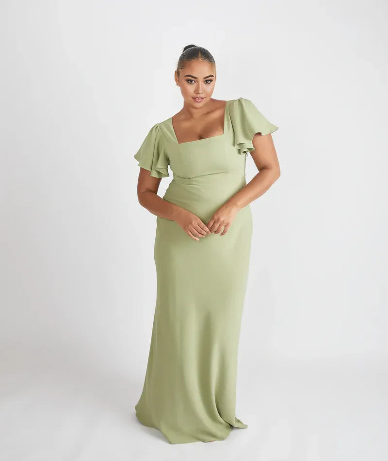 Weitese Dress Elegant Square Neck Bridesmaid Dress Maxi Dress Solid Color Sage Flutter Sleeve Prom Dress