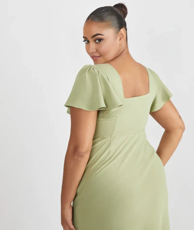 Weitese Dress Elegant Square Neck Bridesmaid Dress Maxi Dress Solid Color Sage Flutter Sleeve Prom Dress