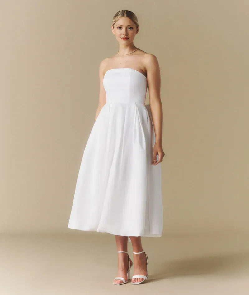 Weitese Dress Elegant Strapless Bow Back Pleated Midi Dress A-Line Solid Color Sleeveless Wedding Dress